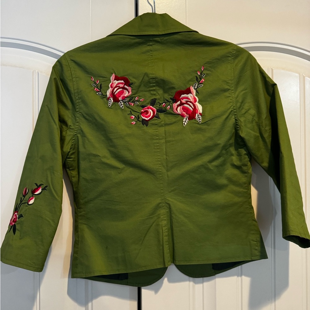 Forever 21 Green Blazer with Red Floral Embroidery